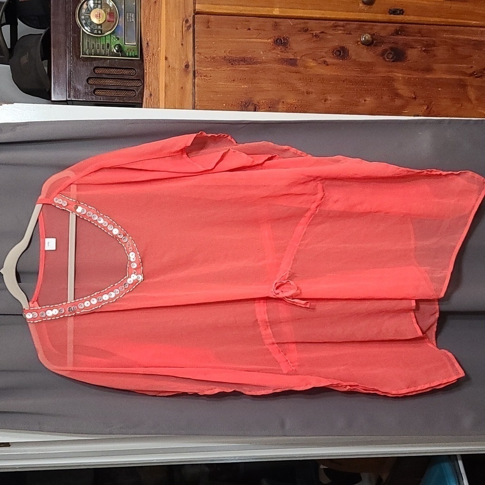 Unbranded Beach Cover Up Sheer Coral‎ V-neck Beachy Flowy Comfort L/XL GUC READ